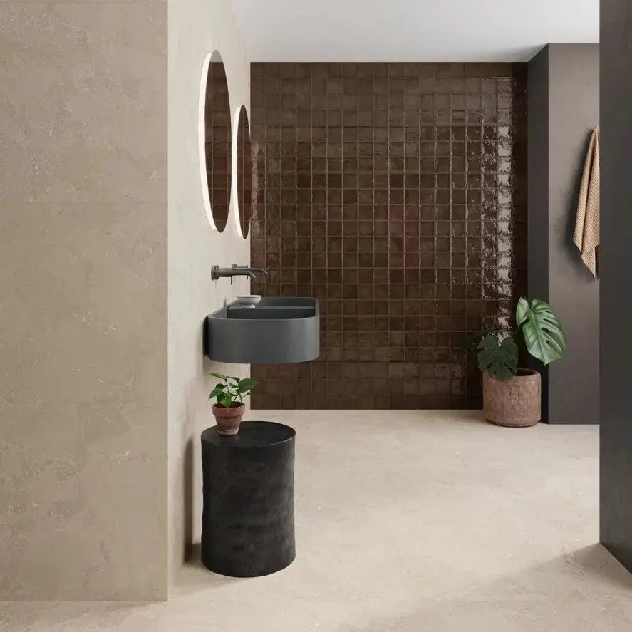 Dakota Chocolate gloss wall tiles close-up room detail