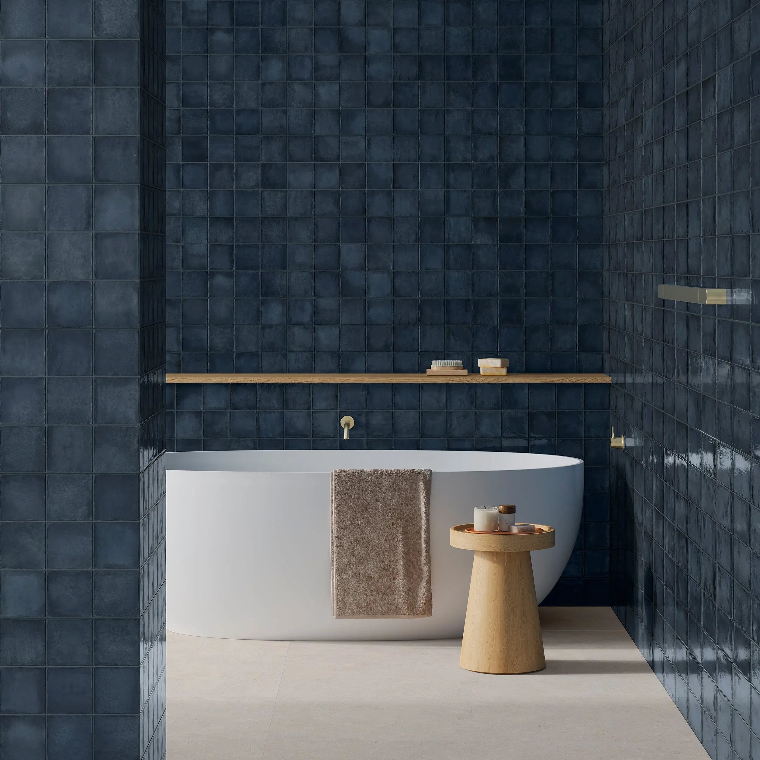 Dakota Bilberry gloss porcelain wall tiles in a bathroom setting