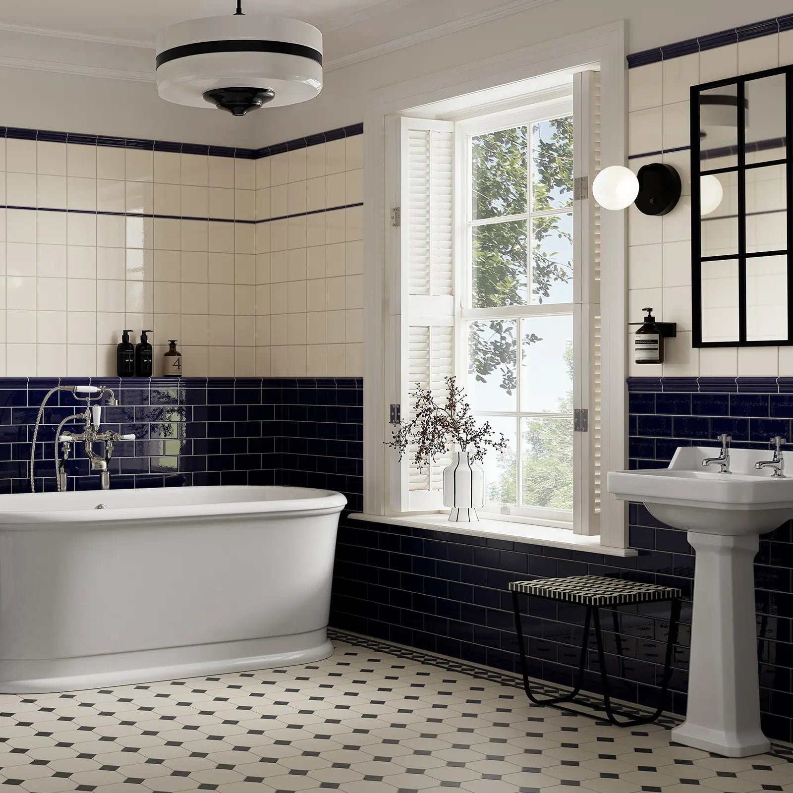 Windsor Kensington Blue 7.5 x 15cm ceramic gloss metro tile room setting