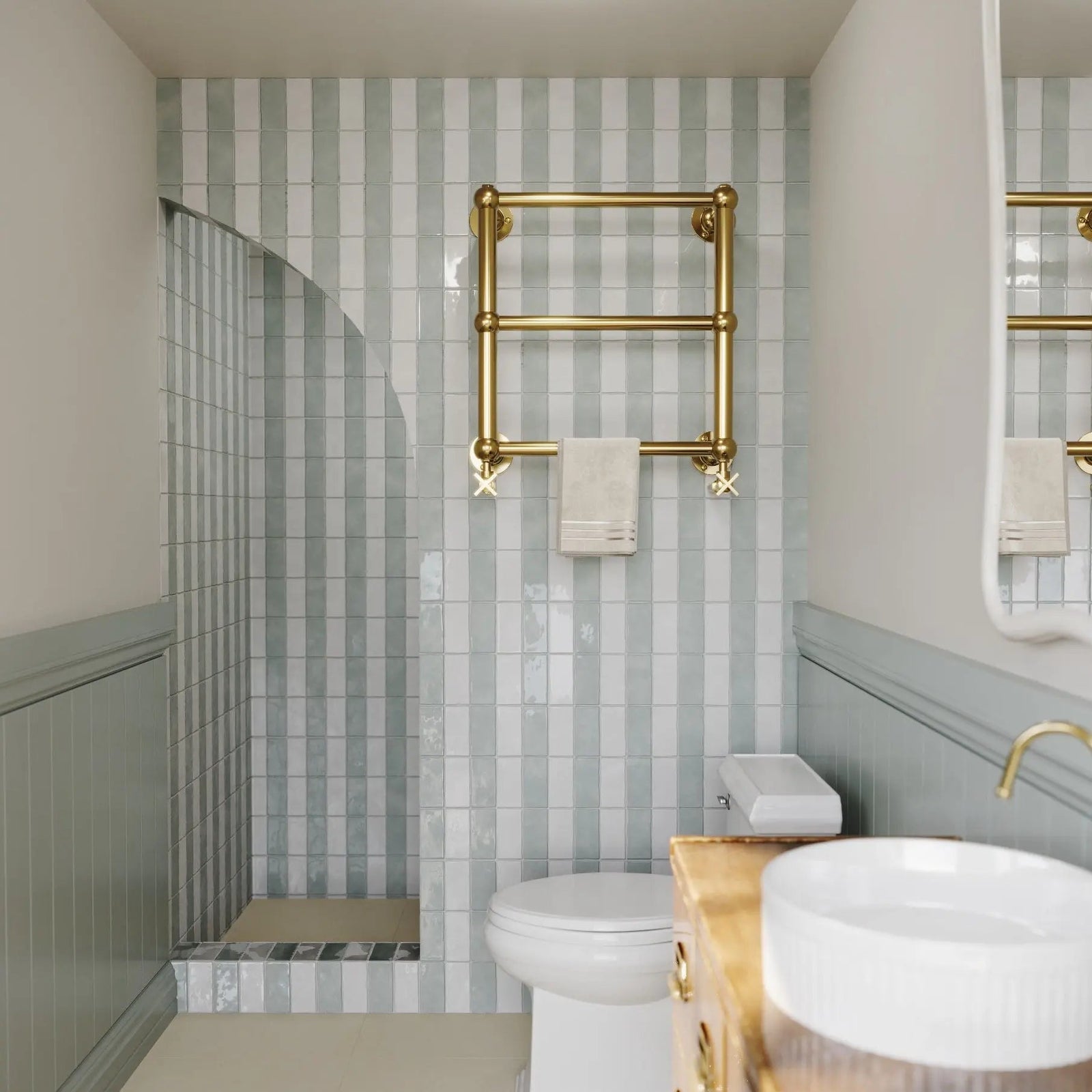 Remy Sage Ceramic Tile 6.5x13cm in a bathroom setting