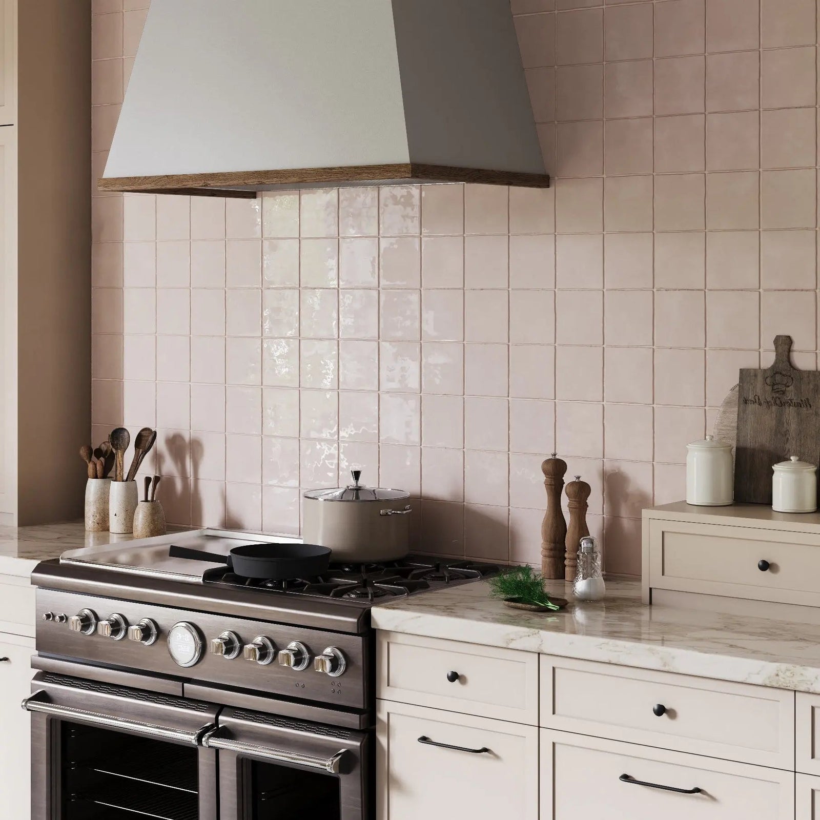 Remy Blush Square Ceramic Tile 10x10cm in a bathroom setting