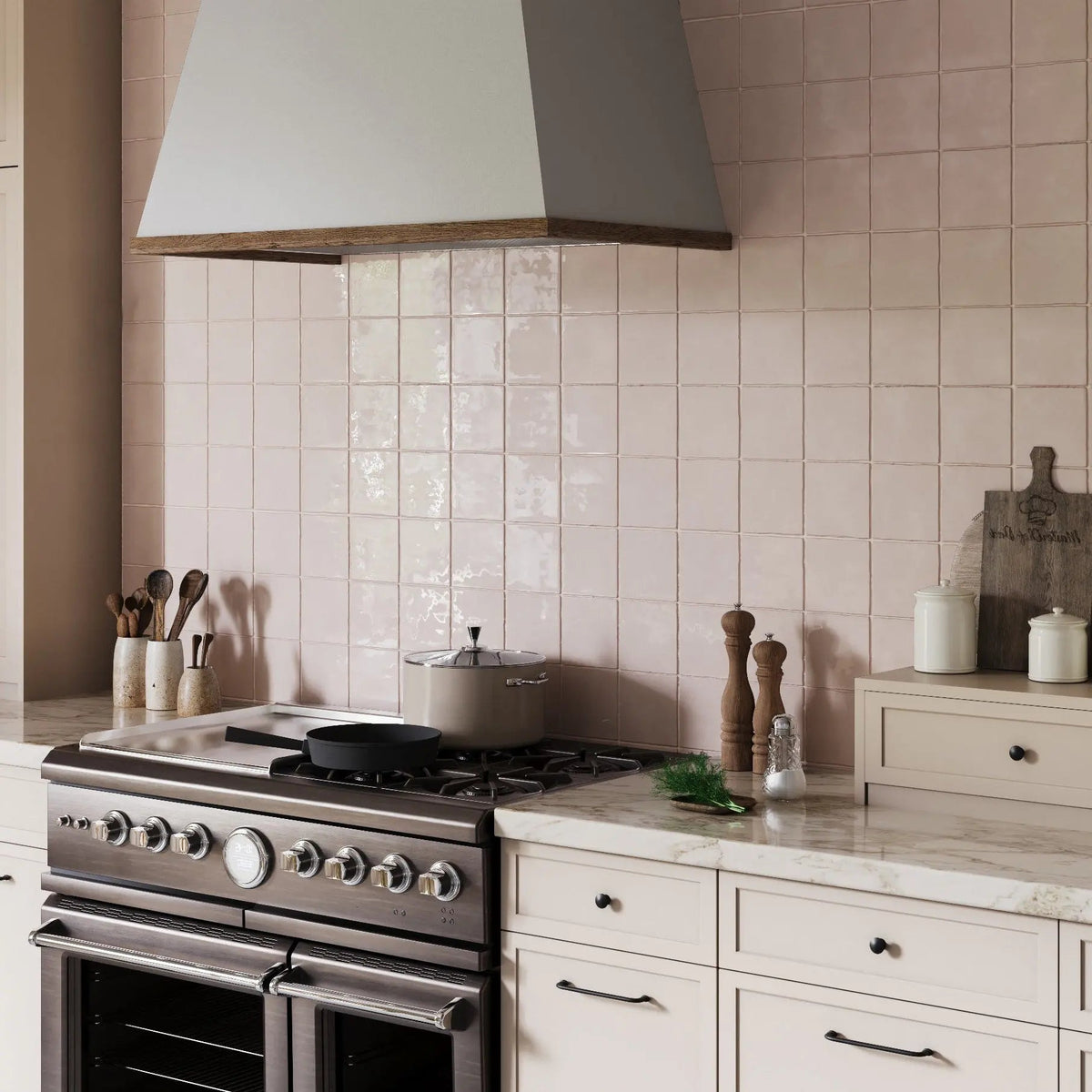 Remy Blush pink gloss square wall tile 10 x 10cm shown in a room setting