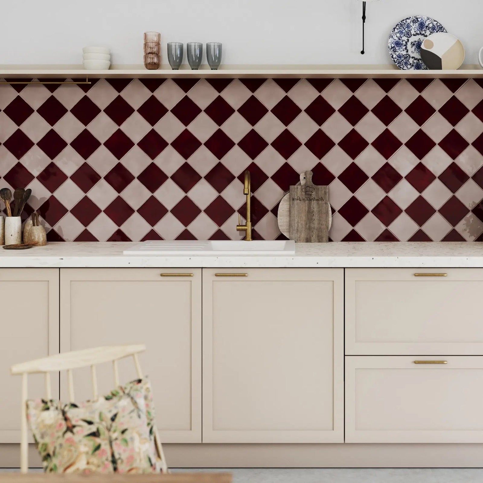 Remy Wine Square Ceramic Tile 10x10cm in a bathroom setting