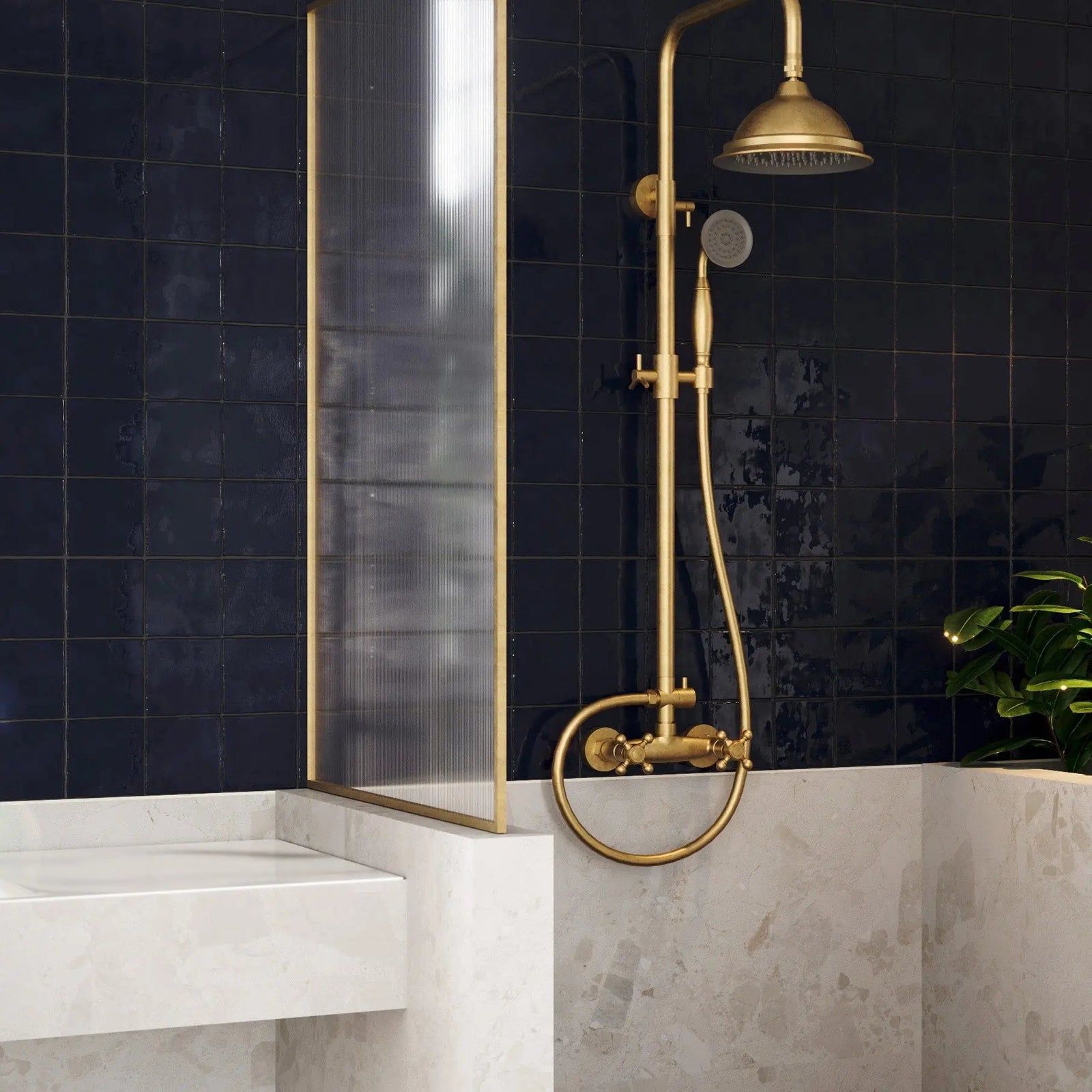 Remy French Navy Square Ceramic Tile in a bathroom setting