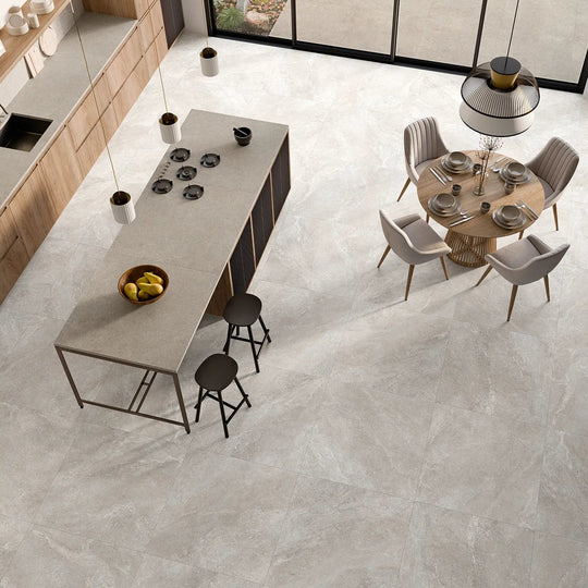 Forum Pearl Matt 100 x 100cm porcelain pearl grey concrete effect tile room setting