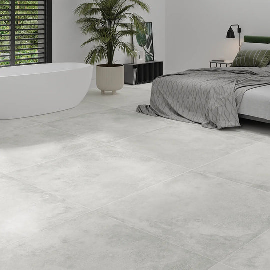 Forum Blanco Matt 100 x 100cm porcelain white concrete effect tile room setting