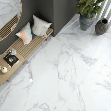 Forum White Marble Satin 100 x 100cm porcelain marble effect tile room setting