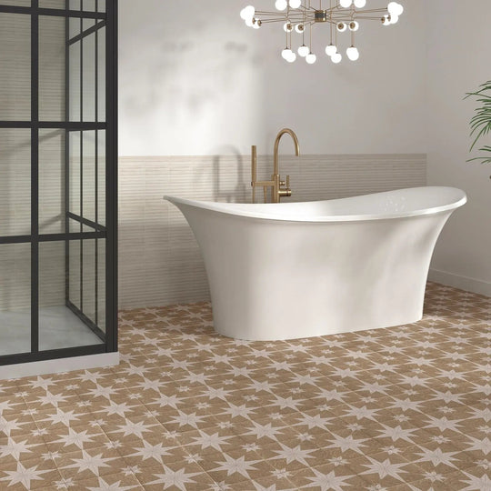 Star Sand 20 x 20cm beige patterned porcelain tiles laid in a room setting