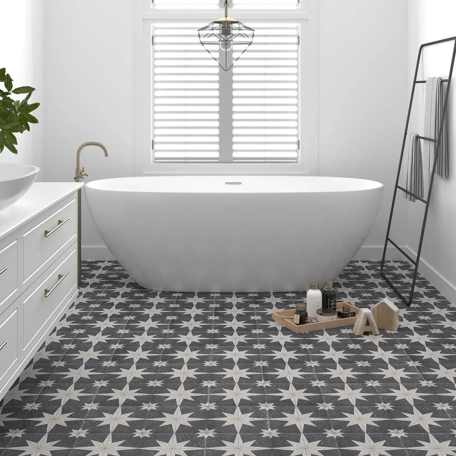 Star Lava black feature tiles creating a decorative floor