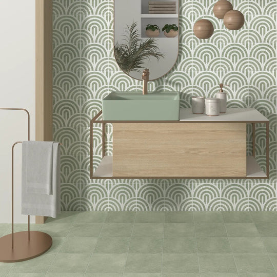 Tahoe Green Decor Three 20x20cm patterned porcelain feature tile room setting
