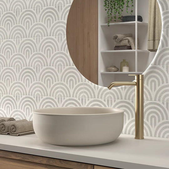 Tahoe Grey Decor Three 20x20cm patterned porcelain feature tile interior setting