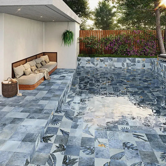 Nusa Sapphire Botanic Decor 25 x 25cm blue porcelain decor tile room setting
