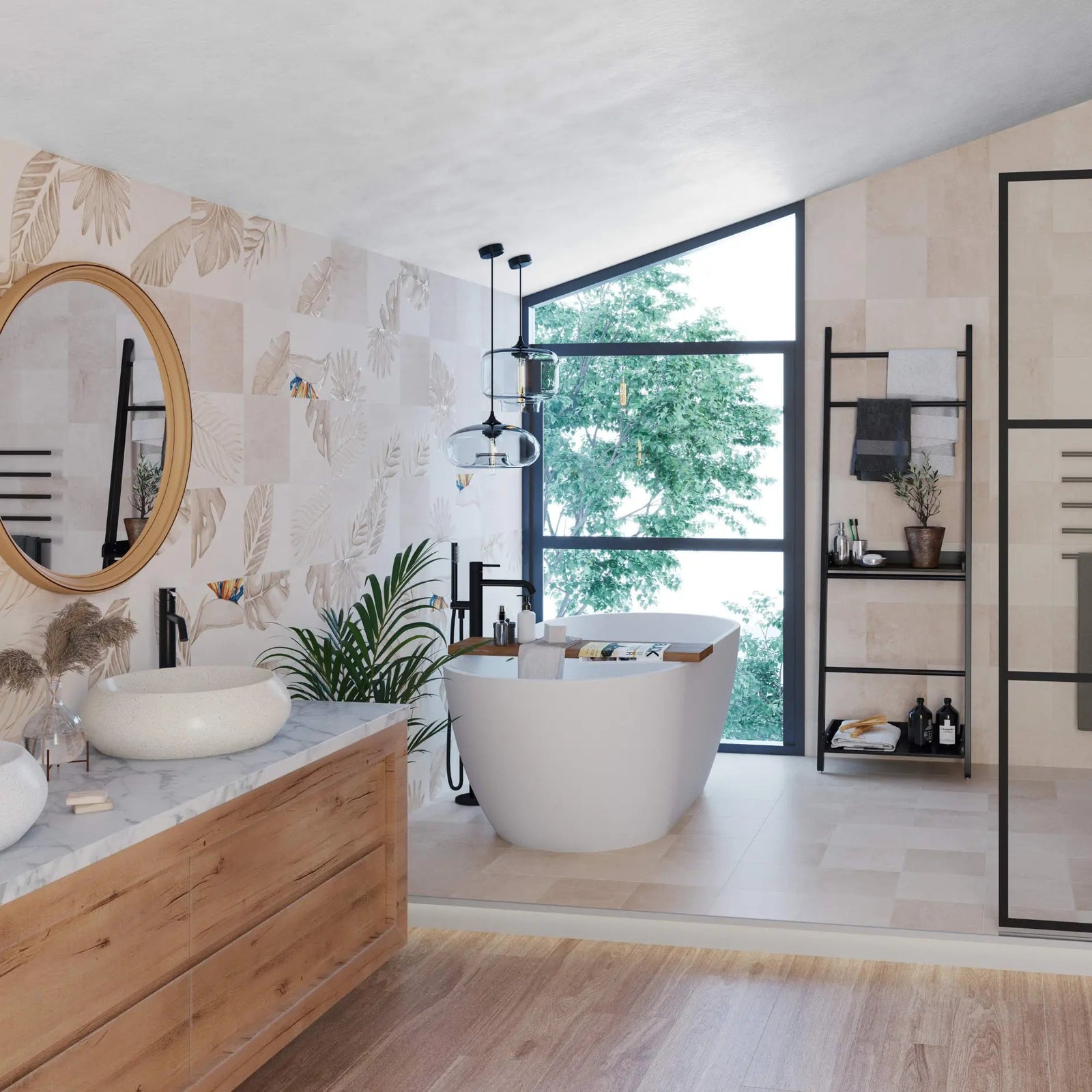 Nusa Taupe Botanic Decor 25 x 25cm Porcelain Tile in a bathroom setting