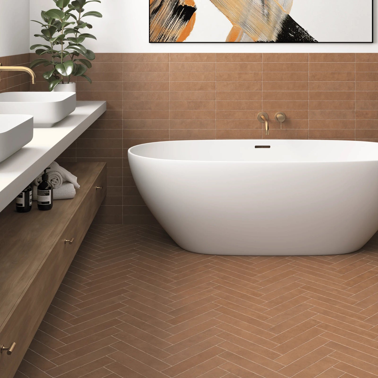 Sutton Clay 6 x 30cm Porcelain Tile in a bathroom setting