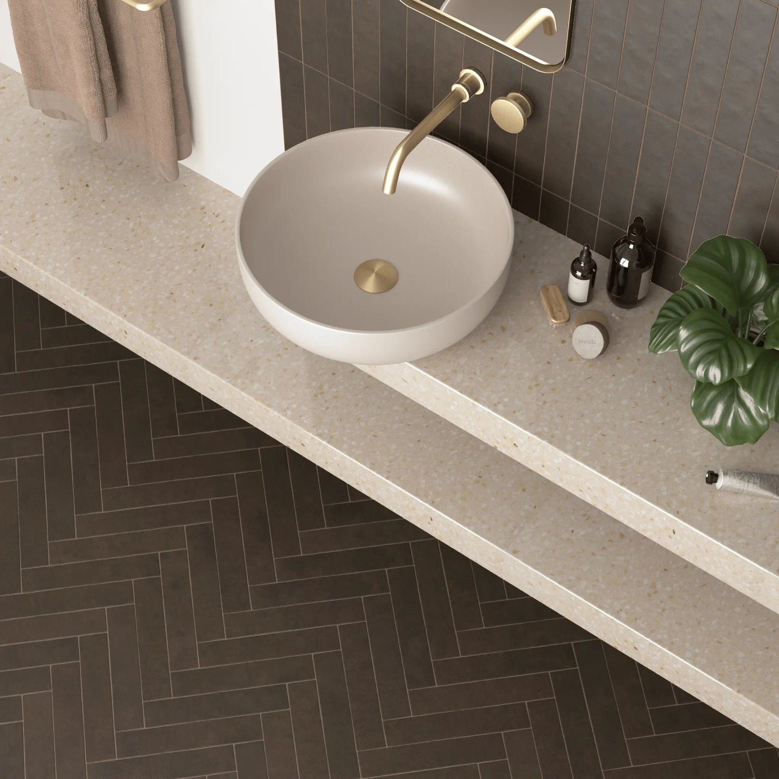 Sutton Cocoa 6 x 30cm Porcelain Tile in a bathroom setting