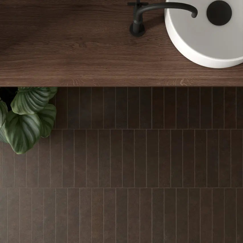 Sutton Cocoa stone-effect porcelain tiles in a bathroom setting