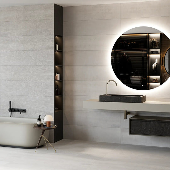 Ionic White 30 x 120cm porcelain metal effect tile room setting