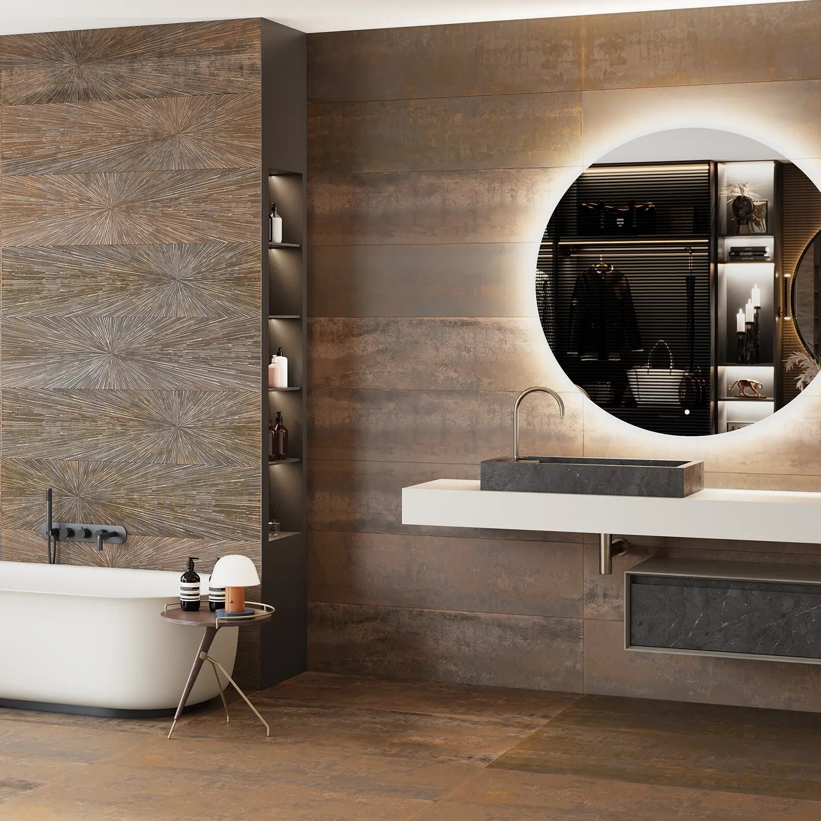 Ionic Copper 30 x 120cm porcelain metal effect tile room setting