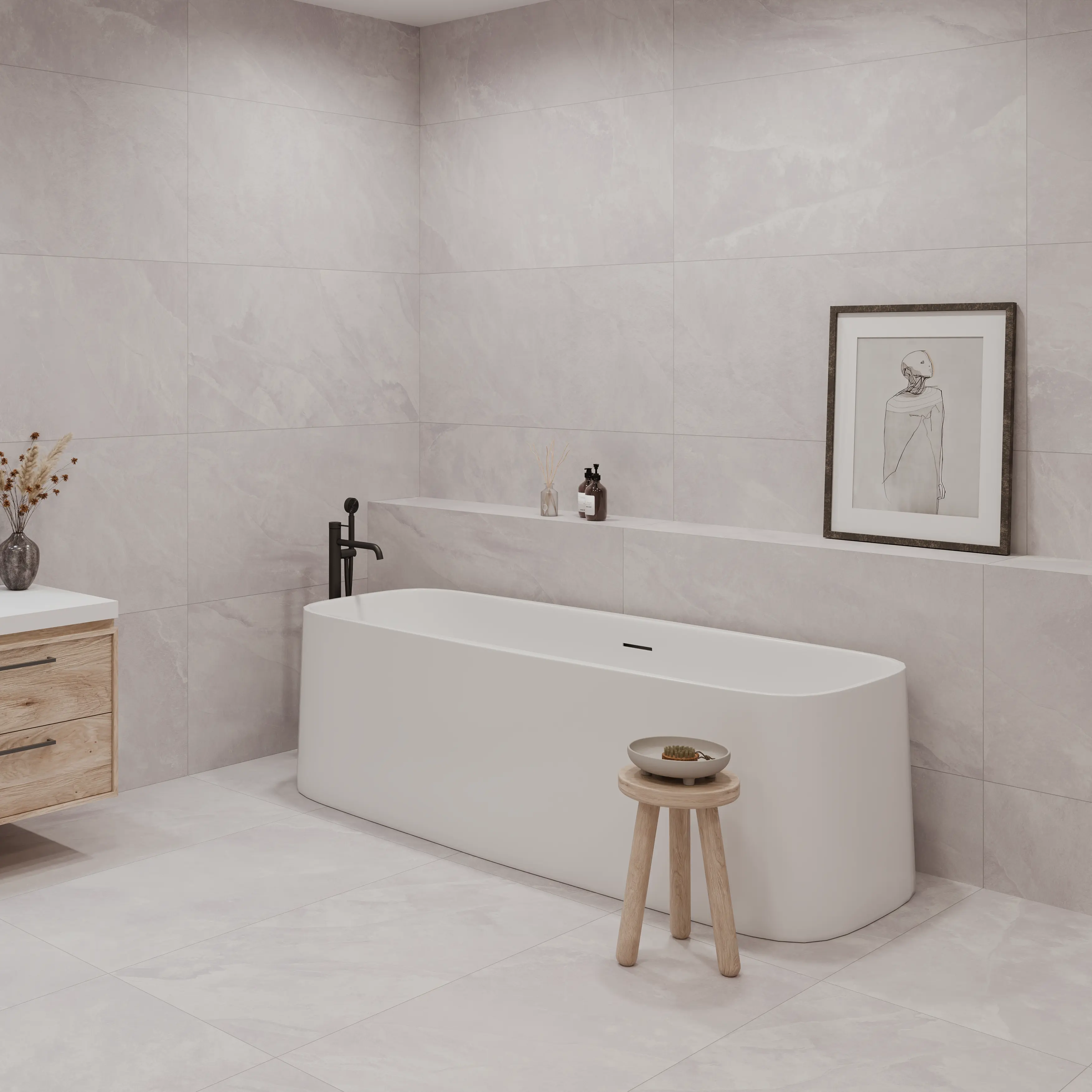 Solide Stone grey stone effect porcelain tiles laid in a contemporary room setting