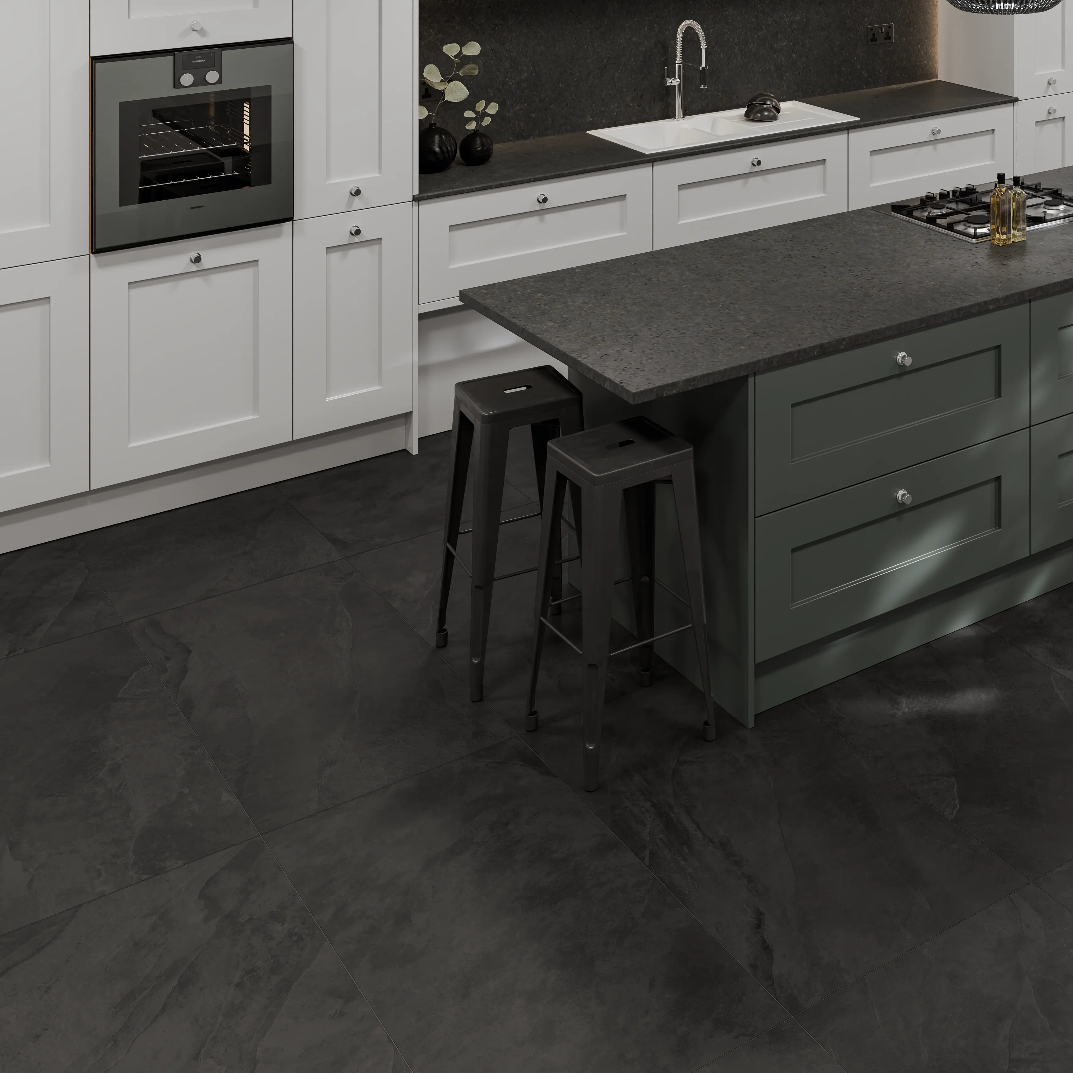 Solide Charcoal dark stone effect porcelain tiles in a contemporary room setting