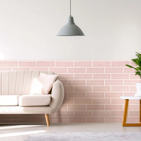 Aria Pink Gloss 10 x 30cm glazed ceramic metro tile room setting