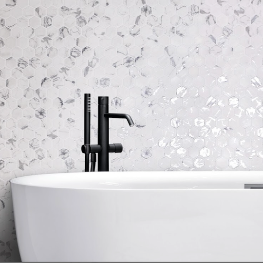 Hex XL Fosco Matte Mosaic, white hexagonal marble-effect mosaic tiles with grey veining