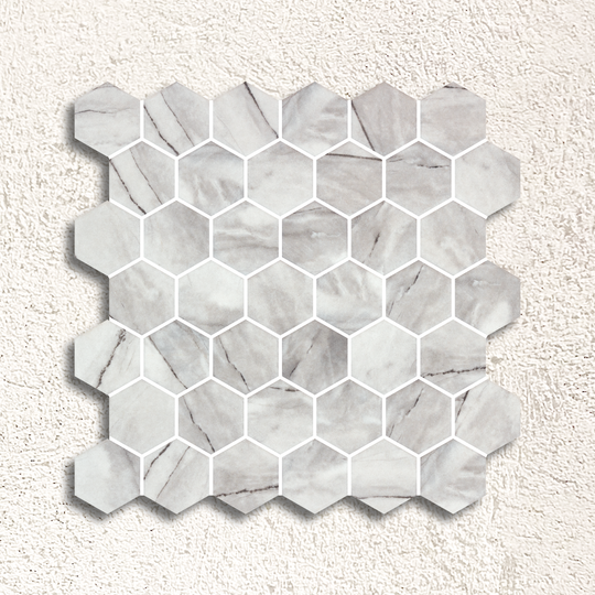 White hexagonal marble mosaic tile with subtle gray veining hex xl inverno grey matte mosaic for wall and floor use