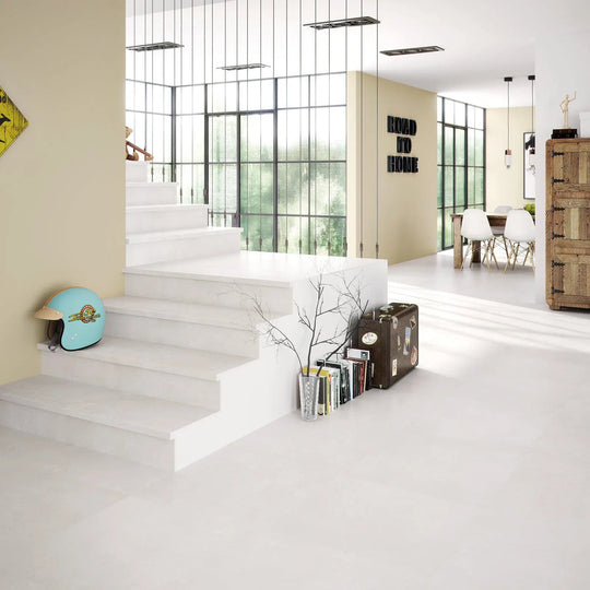 Neutra White Natural 60 x 60cm concrete-effect porcelain room setting