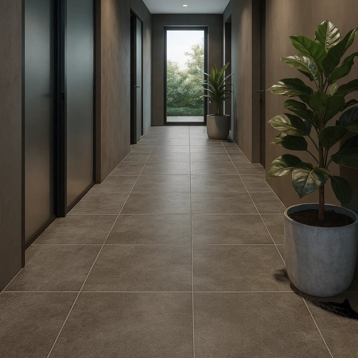 Neutra Taupe Natural 60 x 60cm concrete-effect porcelain room setting