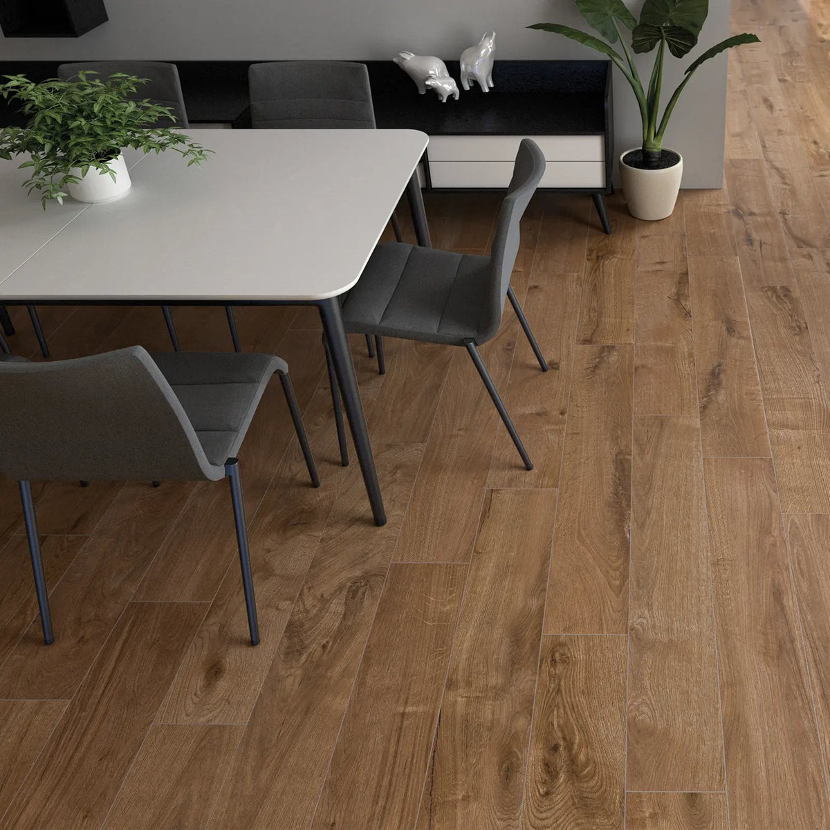 Yukon Walnut 20 x 120cm porcelain wood effect tile room setting