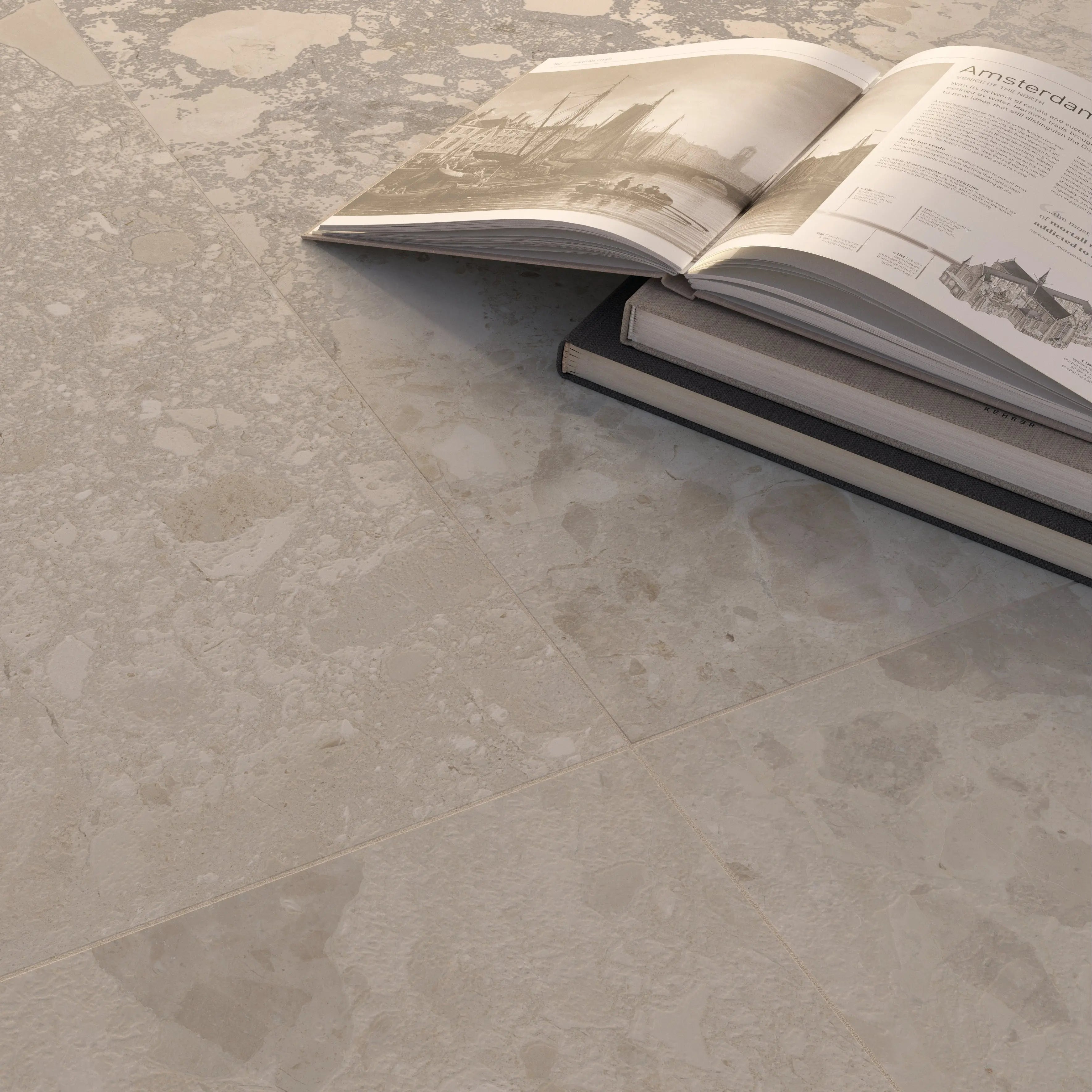 Bord Bone soft beige large-format porcelain tiles in a room setting