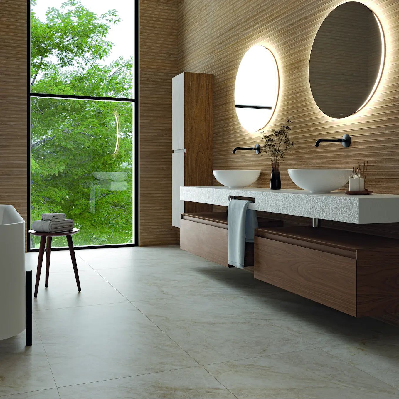 Dune Nature wood-effect ceramic wall tiles styled as a feature wall
