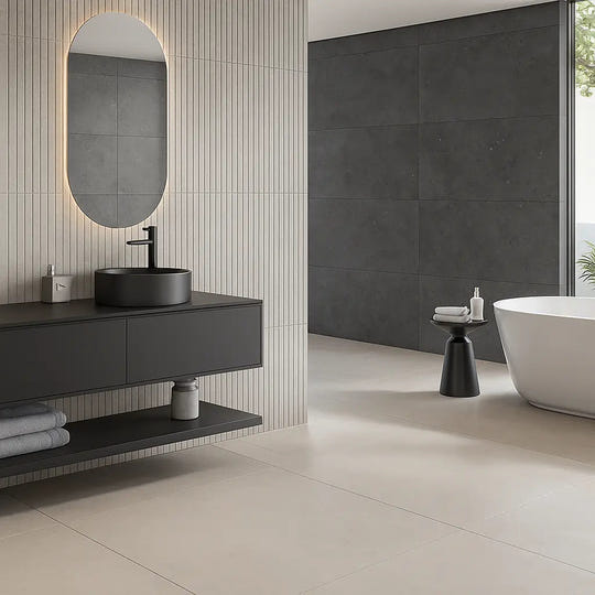 Mixtone Grey Décor 60 x 120cm porcelain stone effect fluted tile room setting