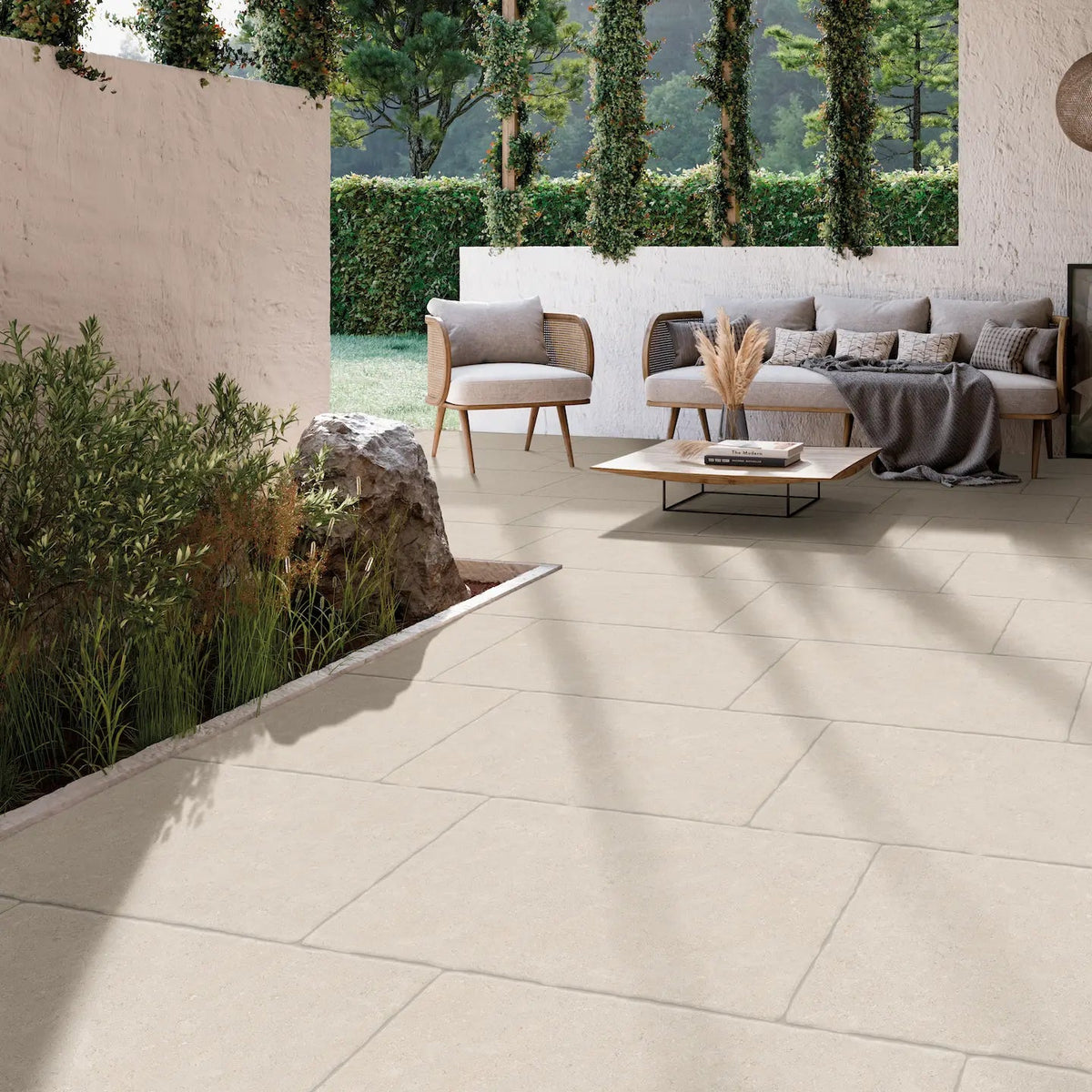Sabbia Bone Tumbled Edge 20mm 60 x 90cm porcelain stone effect tile room setting
