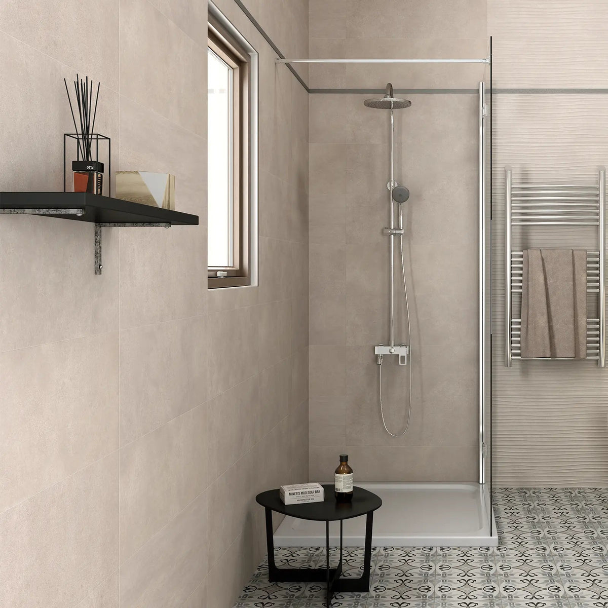 Mist Tortora 25 x 70cm ceramic warm taupe wall tile room setting