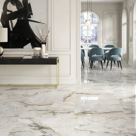Pisa Gold Gloss 90 x 90cm porcelain marble effect tile room setting