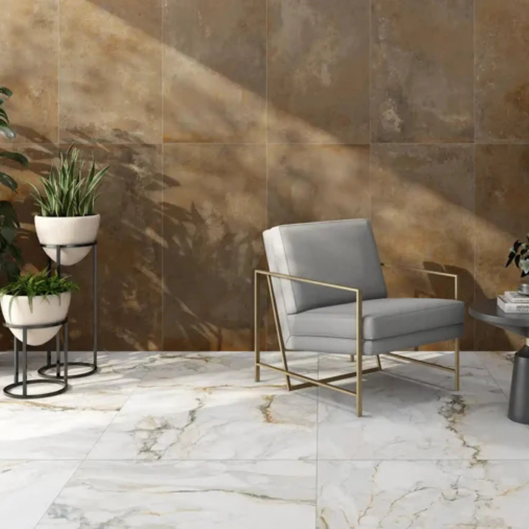 Pisa Gold Gloss 90 x 90cm porcelain marble effect tile room setting