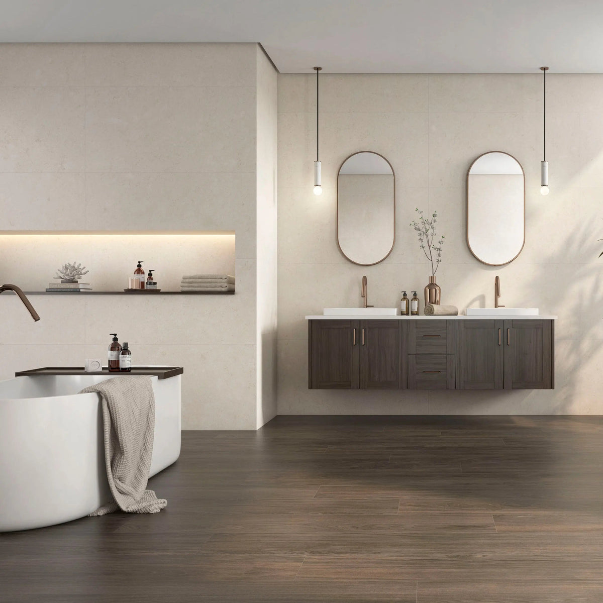 Serene Marfil 30 x 90cm glazed ceramic stone effect tile room setting