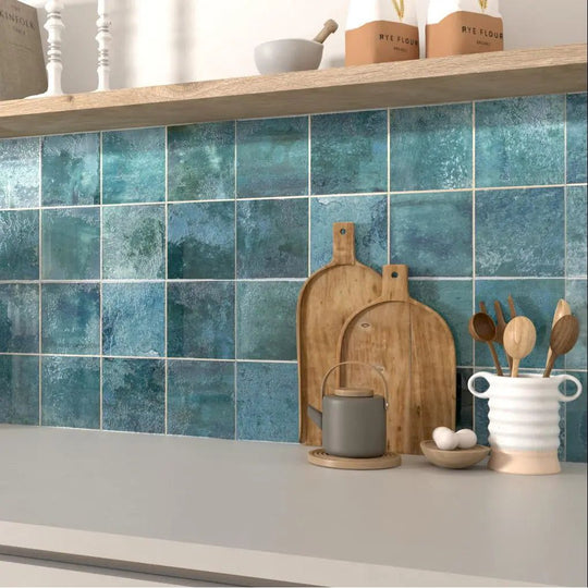 Adonara Ocean decorative blue wall tiles on a bathroom feature wall