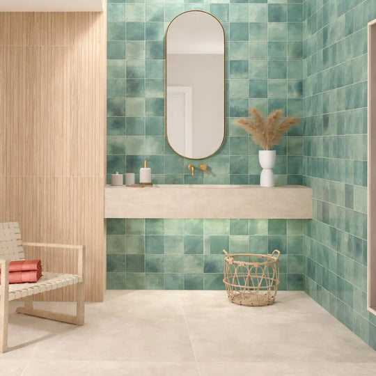 Adonara Eucalyptus decorative green wall tiles on a bathroom feature wall