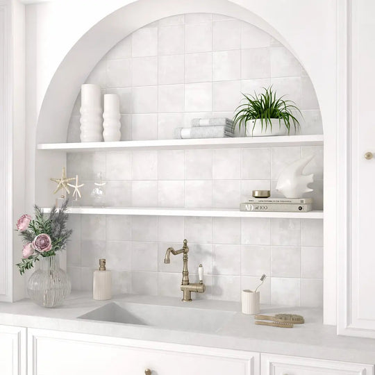 Adonara Ice decorative white wall tiles on a bathroom feature wall