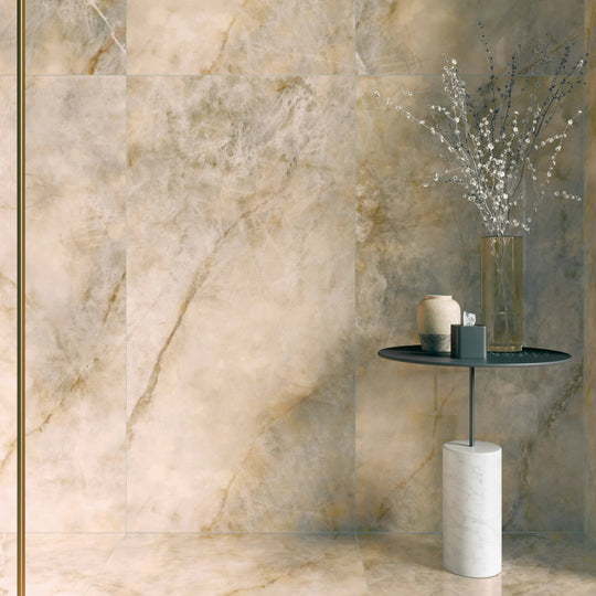 Opaline Pearl marble-effect polished porcelain tiles styled in a room setting
