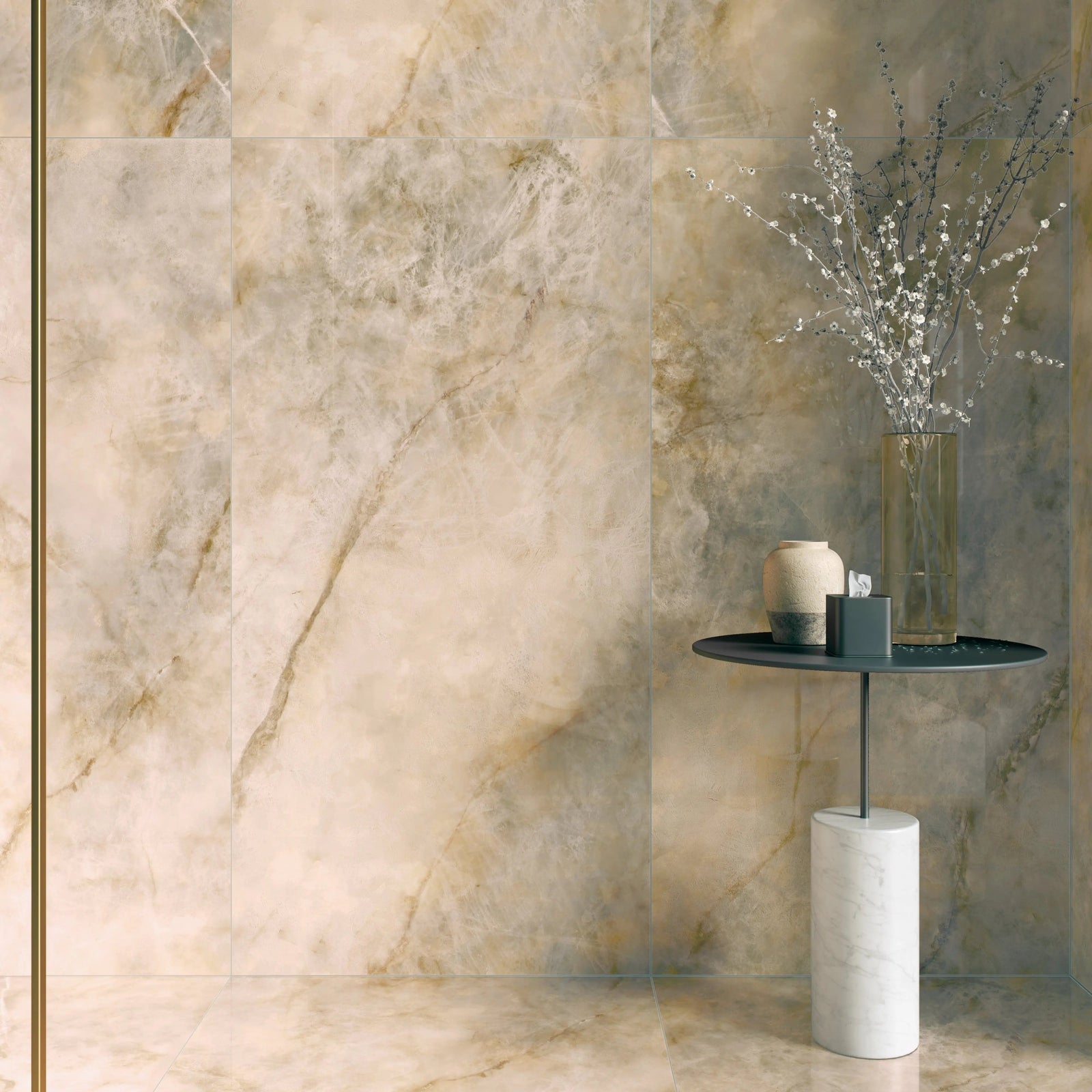 Opaline Pearl Polished 60 x 120cm Porcelain Tile in a bathroom setting
