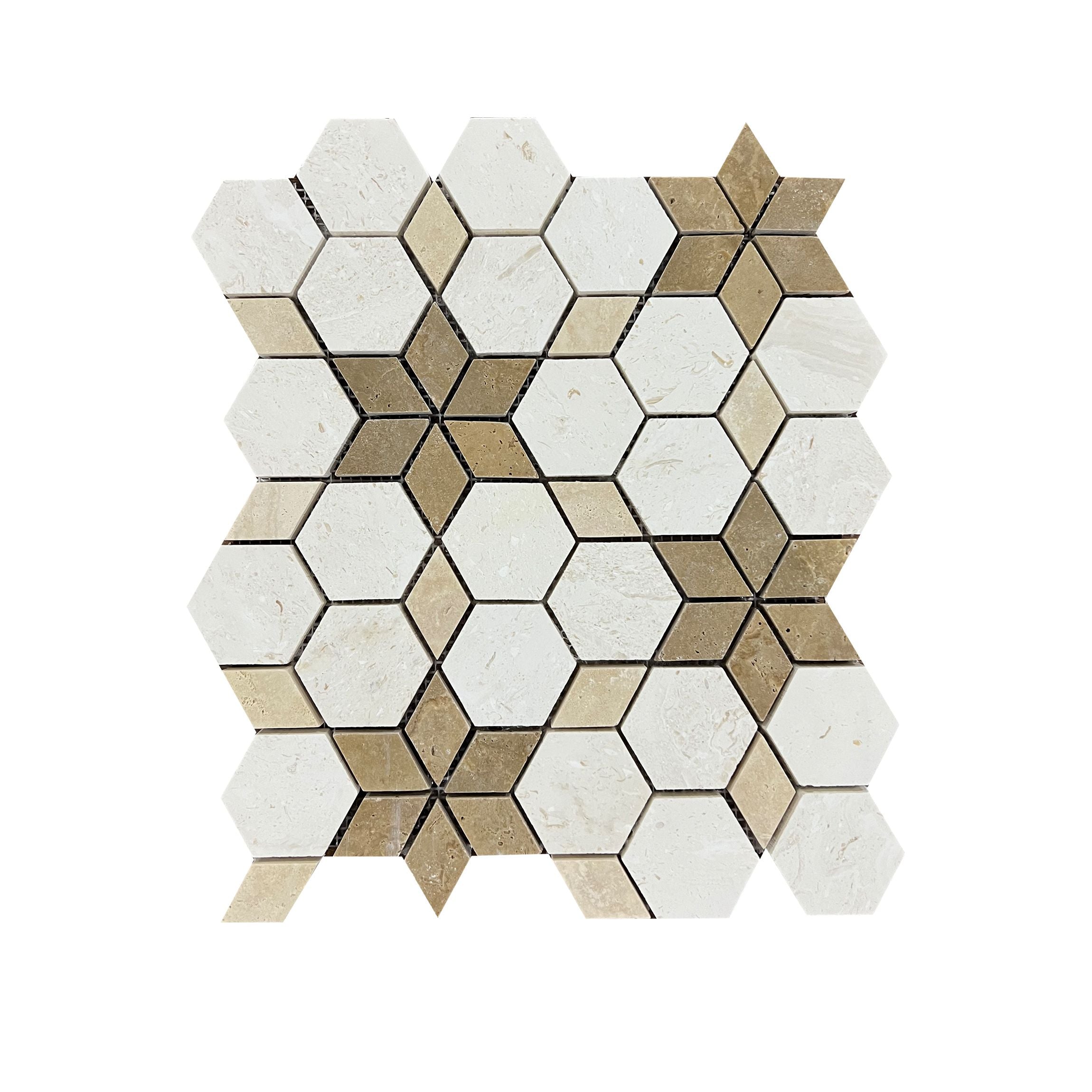 Full sheet of Shellstone limestone and mixed travertine honed starline mosaic laid flat