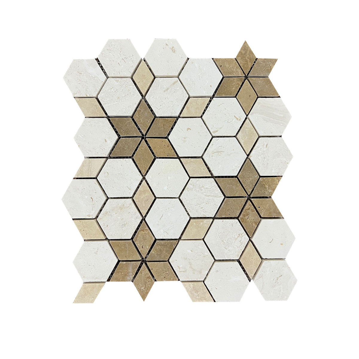 Full sheet of Shellstone limestone and mixed travertine honed starline mosaic laid flat