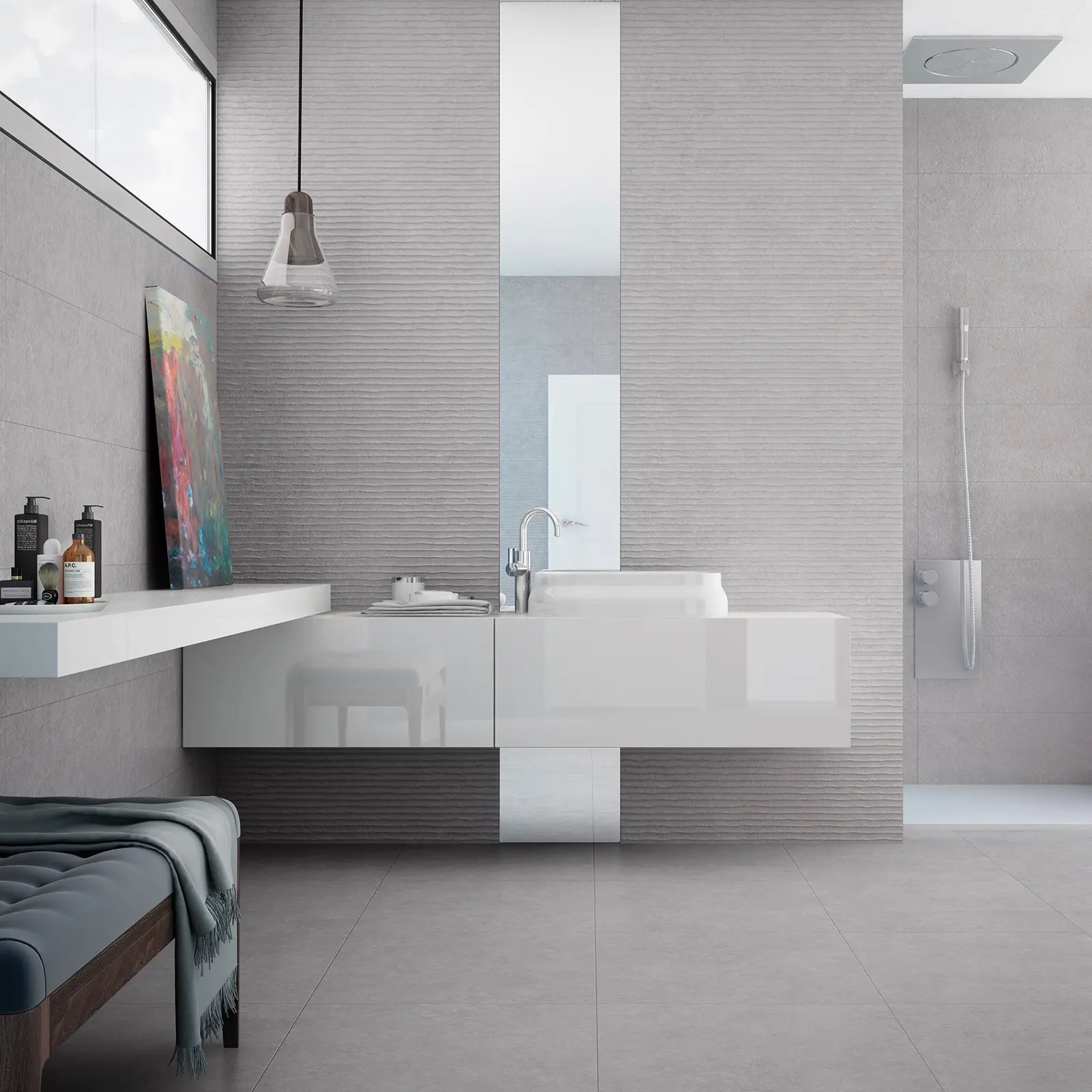 Light Stone Score Grey 30 x 90cm ceramic stone effect tile room setting