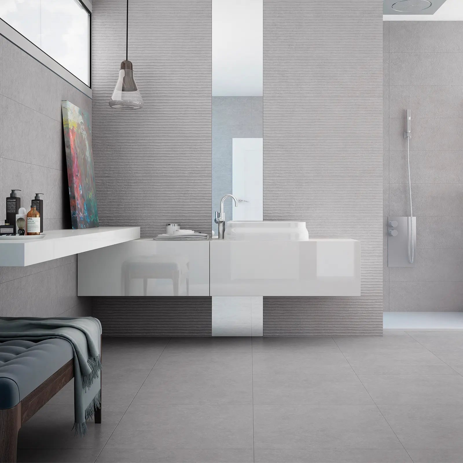 Light Stone Grey Floor 60 x 60cm porcelain stone effect tile room setting
