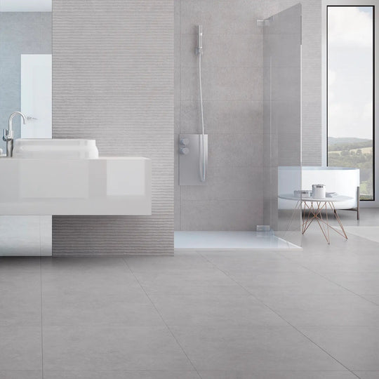 Light Stone Grey Floor 60 x 60cm porcelain stone effect tile room setting