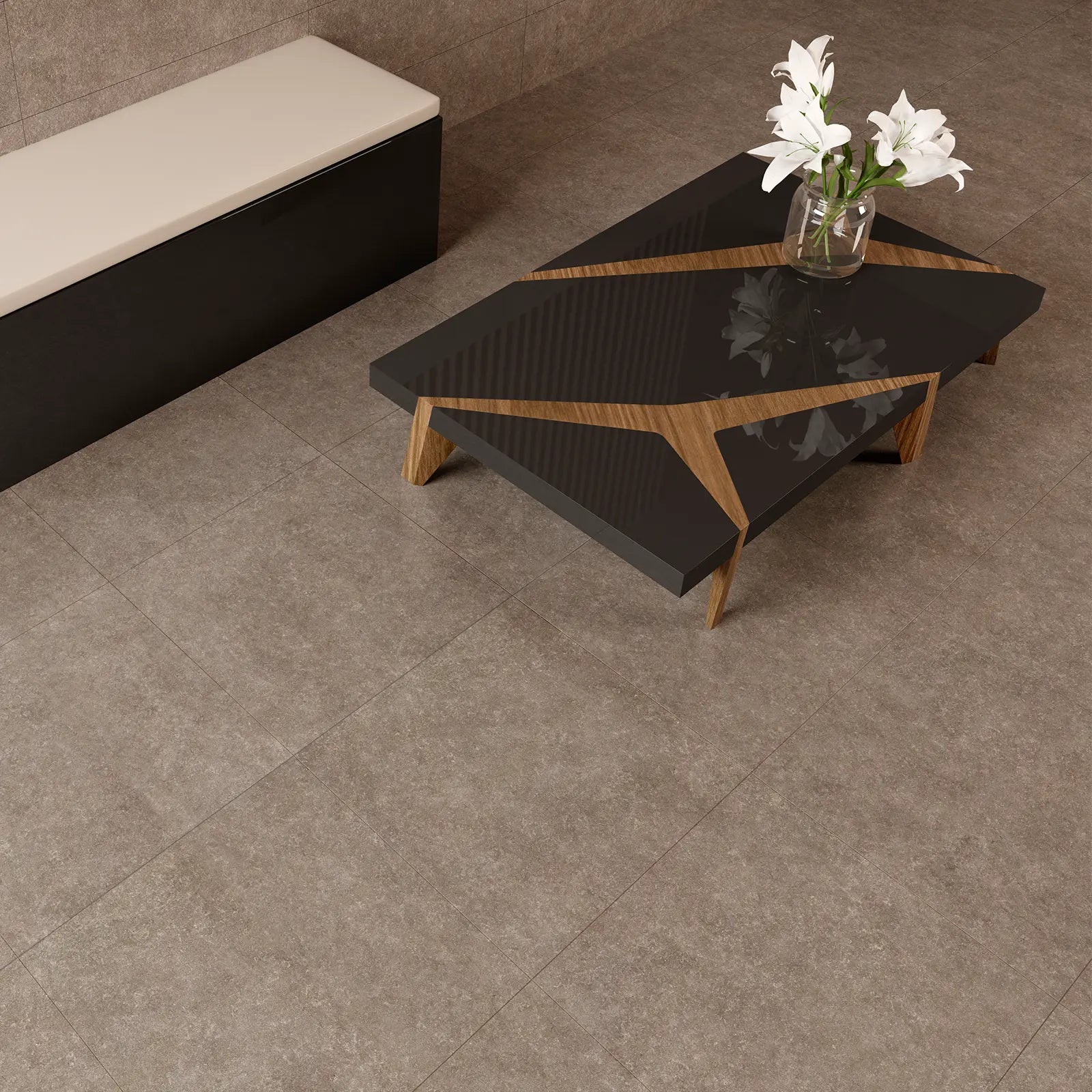 Light Stone Taupe Floor 60 x 60cm porcelain stone effect tile room setting