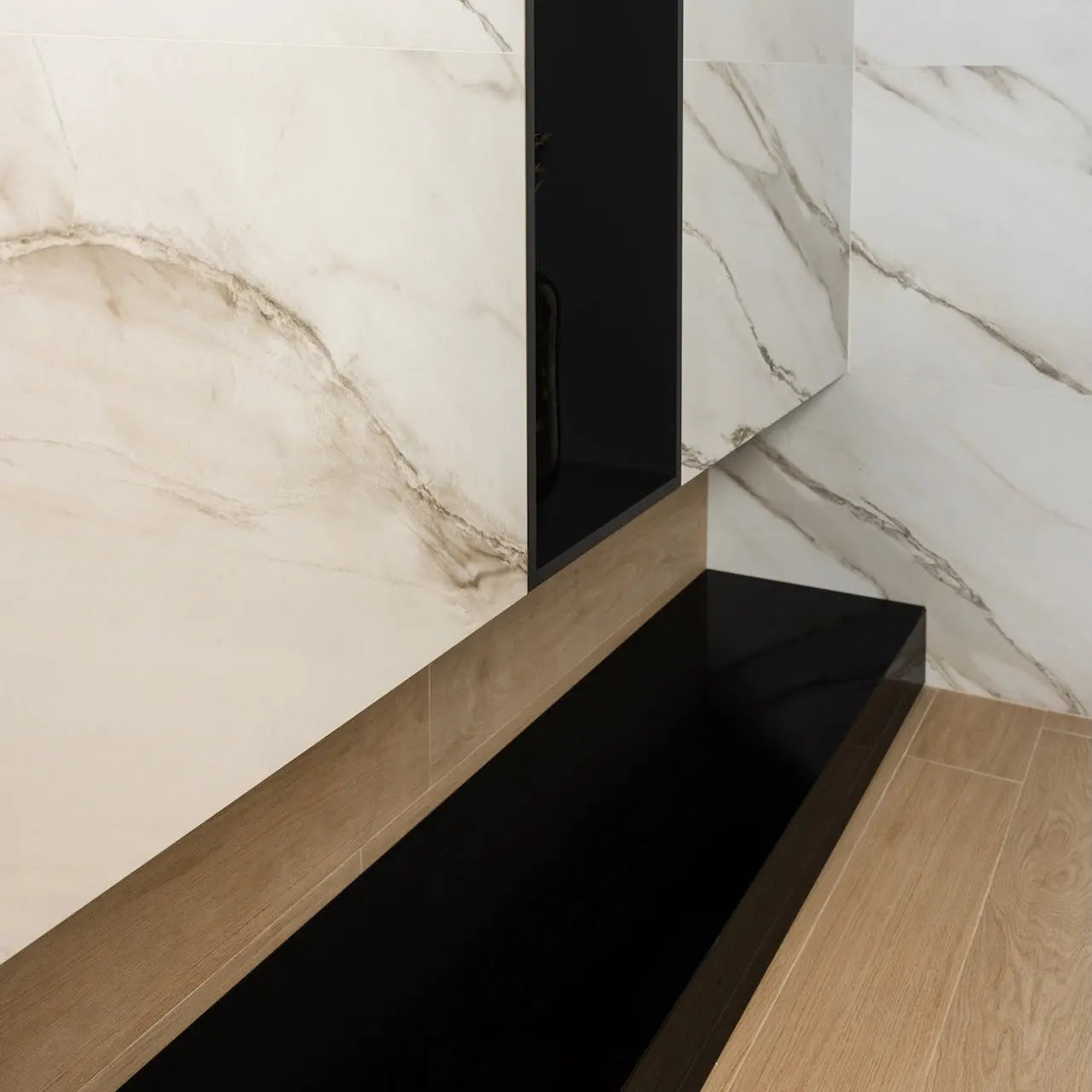 Apollo Cloud 60 x 120cm porcelain tiles with soft grey marble veining in a room setting